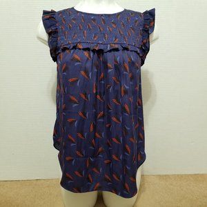 Ann Taylor LOFT top Small Leafed Smocked Flutter Shell ruffle keyhole shirttail